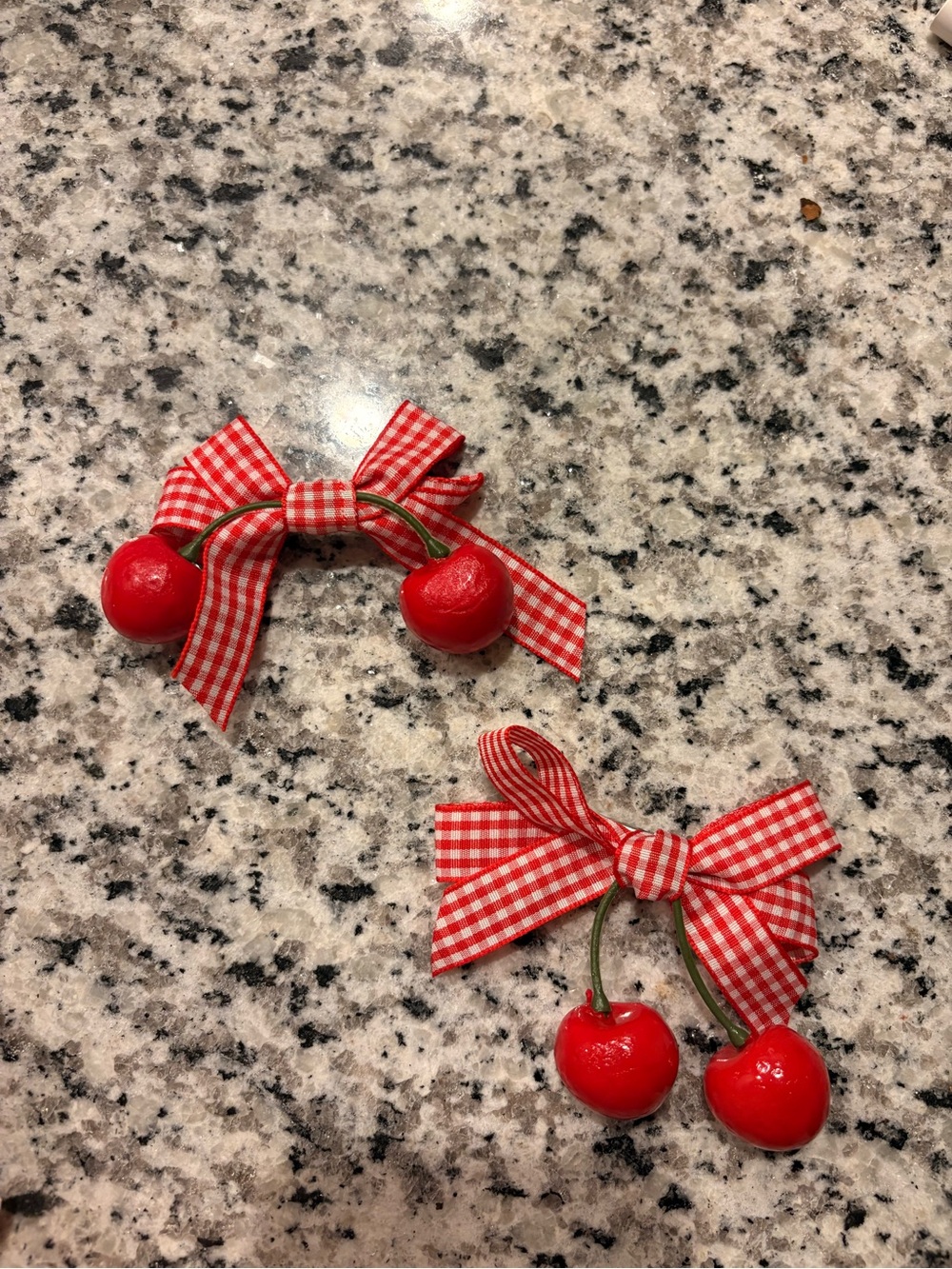Red Gingham Cherry Bow Hair Clips for Kids